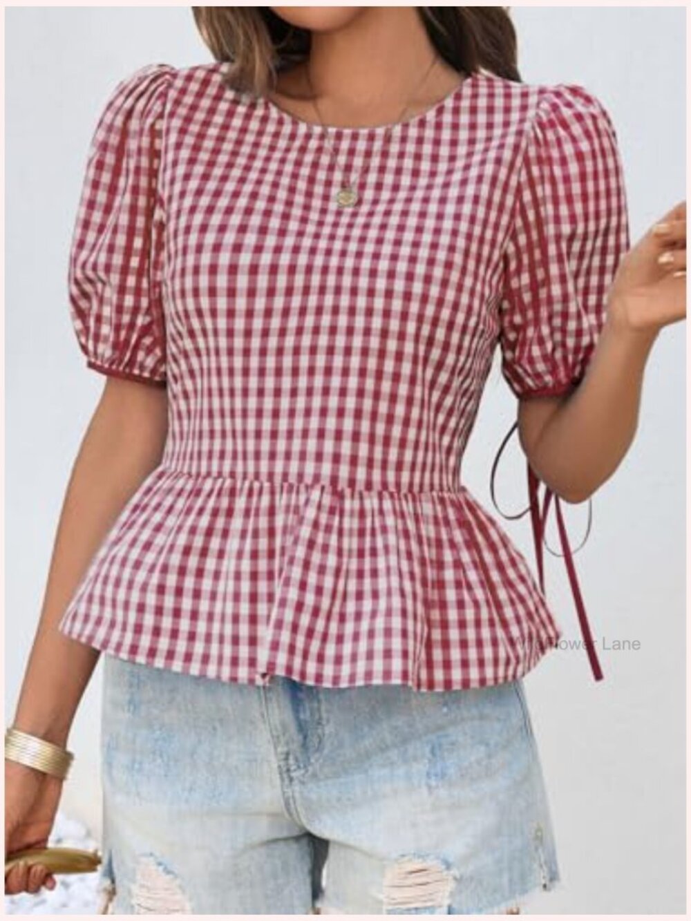 Womens Puff Sleeve Gingham Blouse Ruffle Peplum Babydoll Top Cotton Shirt - Picture 3 of 7